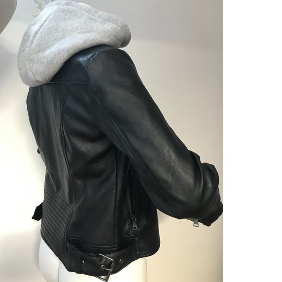 Ardene Black Moto Jacket Biker Style Detachable Knit Hood Vegan Leather - Picture 2 of 7